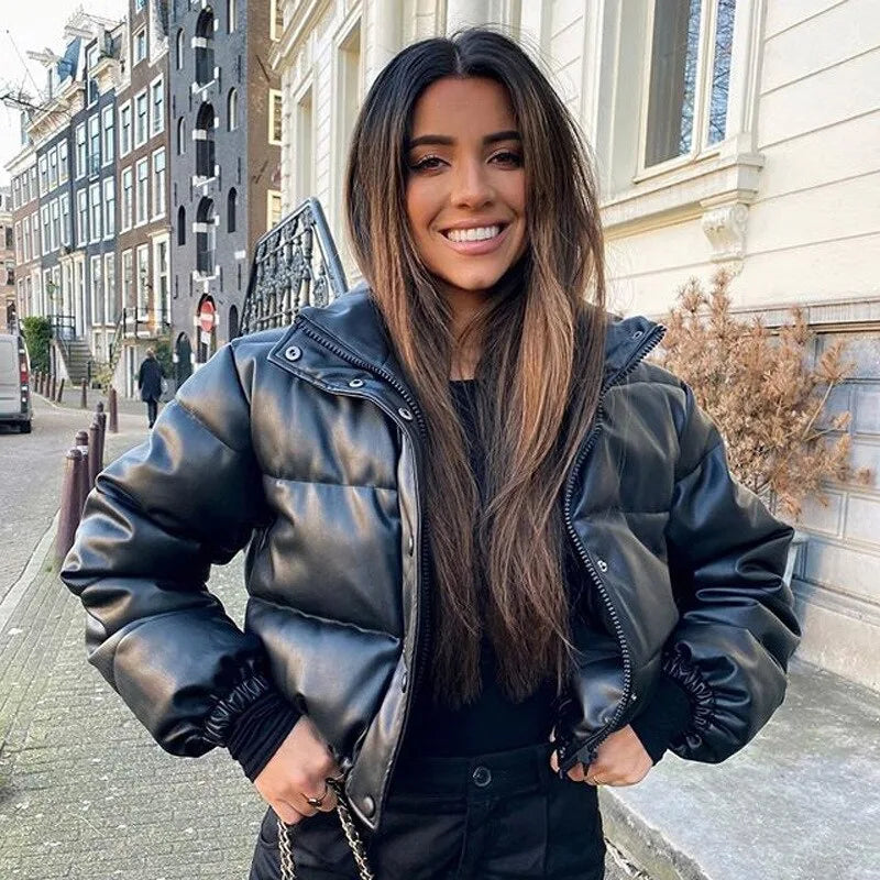 Winter women's thick warm jacket women's fashionable PU leather coat women's standing collar short warm bread jacket