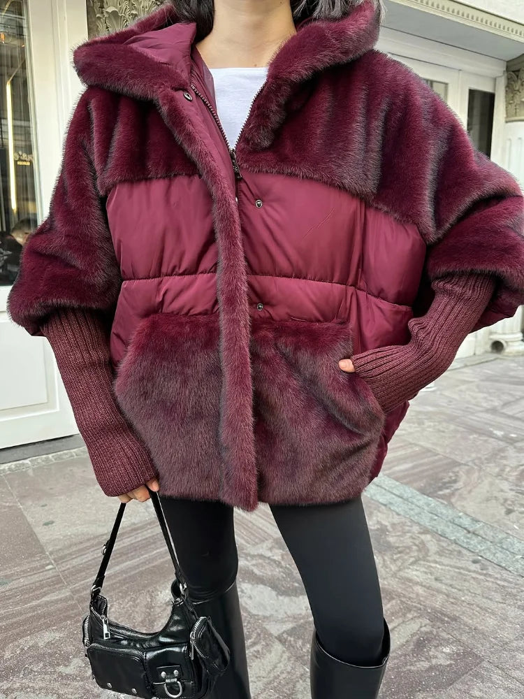 Women Fashion Hooded Patchwork Faux Fur Coat Knitted Sleeve Drop Shoulder Oversize Cotton Coats Autumn Winter 2025 Street Jacket