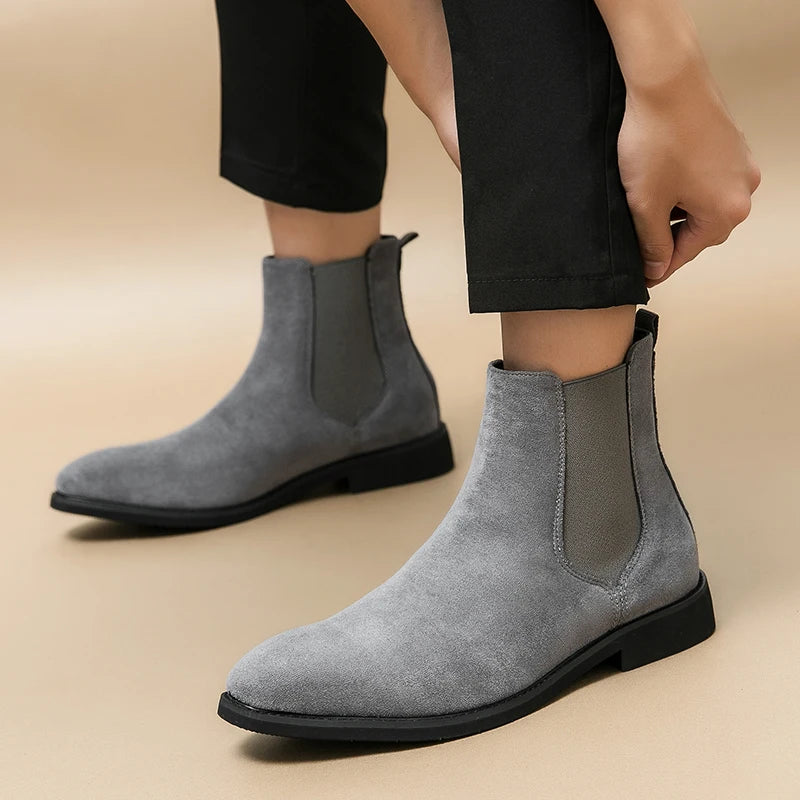 New Gray Chelsea Boots for Men  Flock Business Men Ankle Boots Cowboy Boots Handmade Men Boots Size 38-46 Free Shipping
