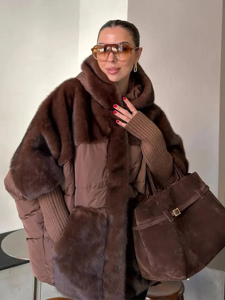 Women Fashion Hooded Patchwork Faux Fur Coat Knitted Sleeve Drop Shoulder Oversize Cotton Coats Autumn Winter 2025 Street Jacket