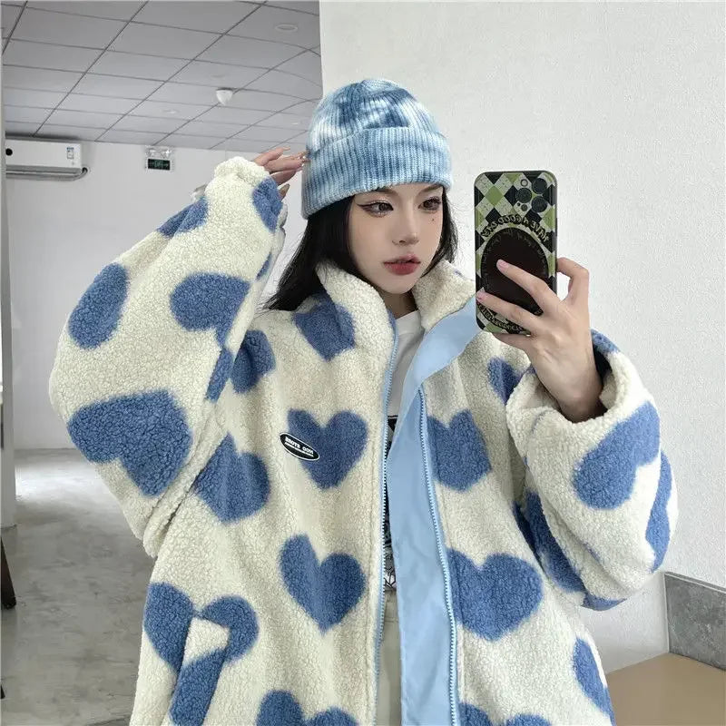 Autumn/Winter Couple's Stand Collar Cotton Coat Two-Sided Wear Lamb Wool Fleece Jacket For Men And Women Niche Nylon Parkas