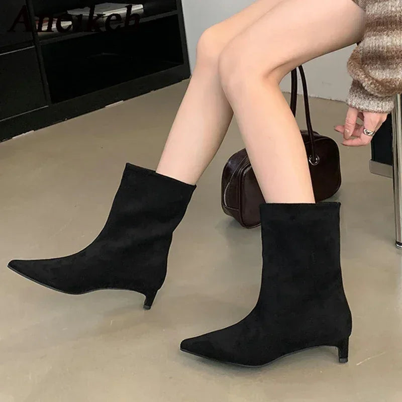 Aneikeh Large Size 41 42 Fashion Winter Faux Suede Pointed Short Boots Low Heel Boots Slip on Party Shoes Botas Zapatos De Mujer