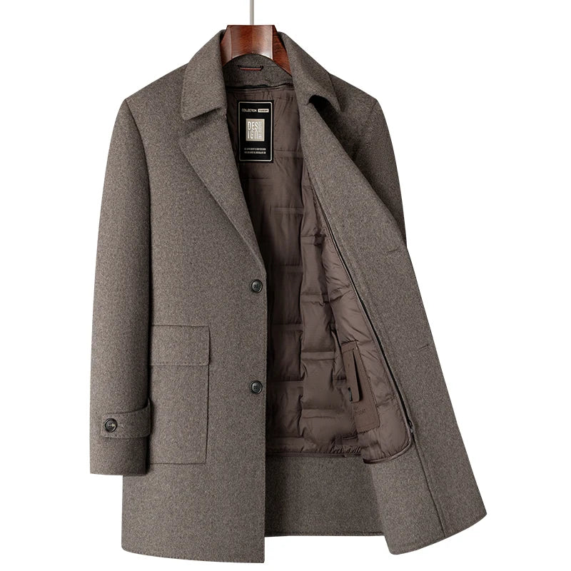 2025 Winter New Men's High end Wool Coat with 70% Wool Content, Down Inner Tank Thickened Warmth, Medium to Long Business Coat