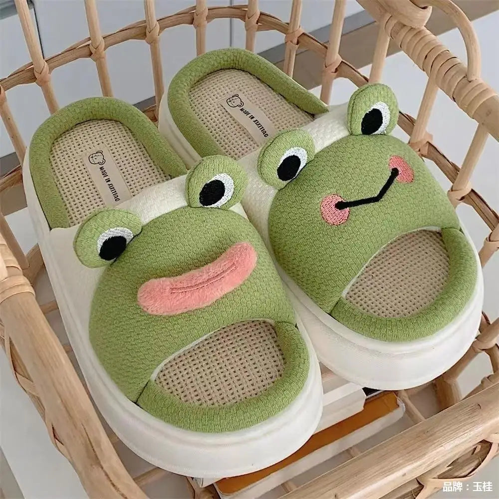 Cute Cartoon Frog Home Linen Platform Slippers for Four Seasons Indoor Green Anti Slip Thick Sole Wear-resistant Cool Slippers
