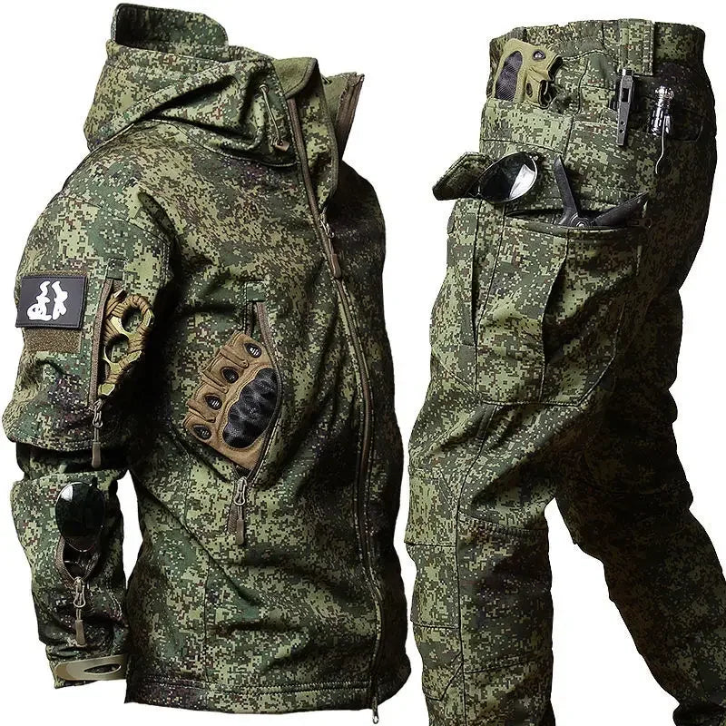 6XL Winter Clothes Sets Soft Shell Tactical Hooded Jacket Straight Cargo Pants Suits Waterproof Militarmy Combat Uniform