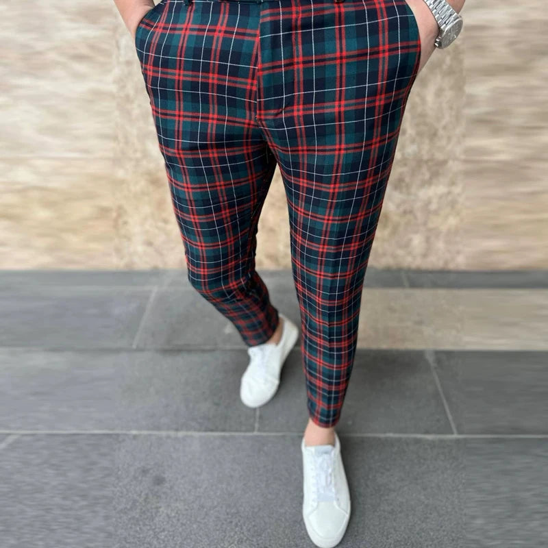 12 Colors Plaid Printed Men's Pencil Pants Business Casual Ankle Length Slim Men Suit Pants Fashion Handsome Pantalones Hombre