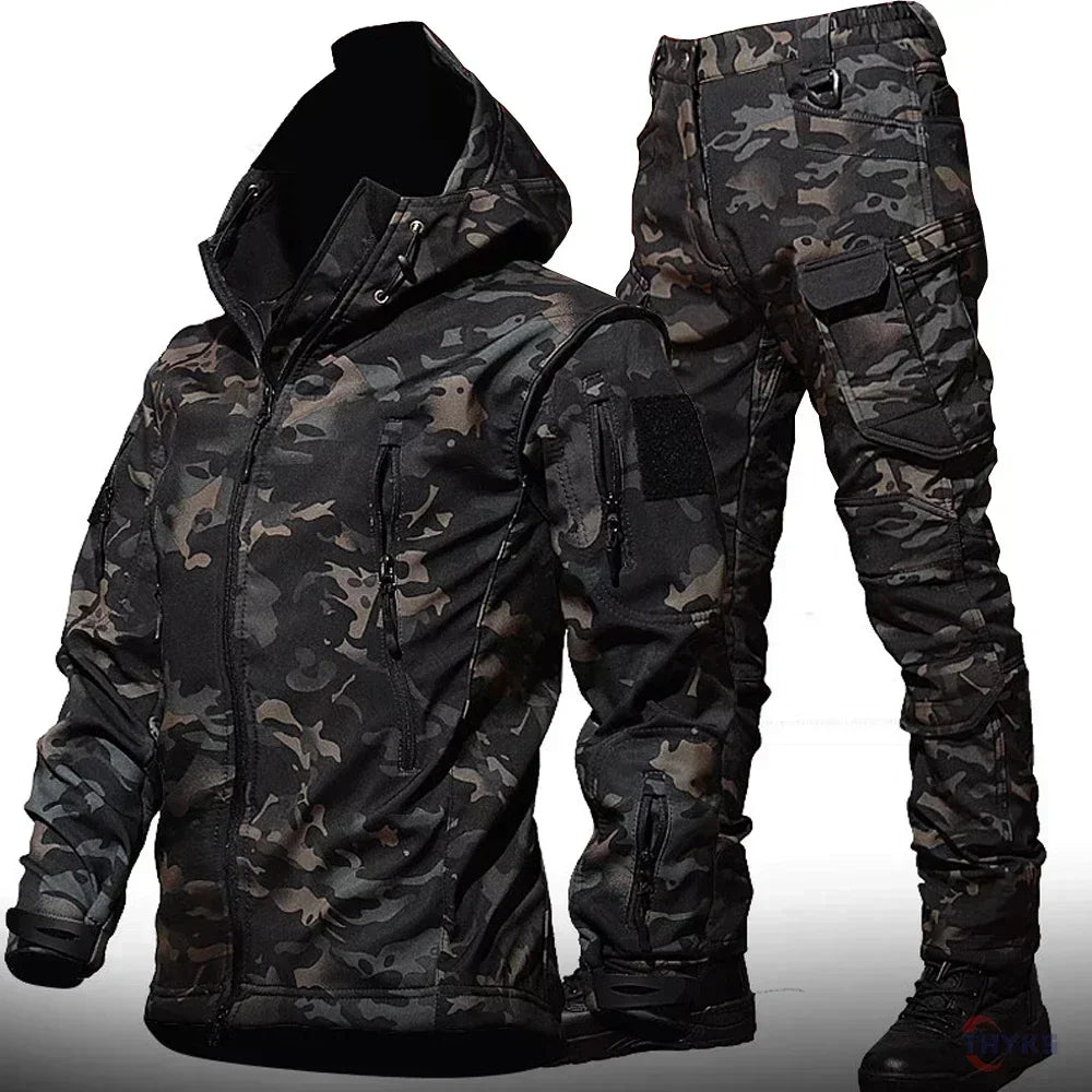 6XL Winter Clothes Sets Soft Shell Tactical Hooded Jacket Straight Cargo Pants Suits Waterproof Militarmy Combat Uniform
