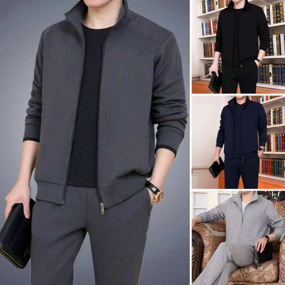 Men Sports Suit Men's Sport Outfit Set Long Sleeve Zipper Coat Elastic Waist Sweatpants Solid Color Sweatshirt with for Active