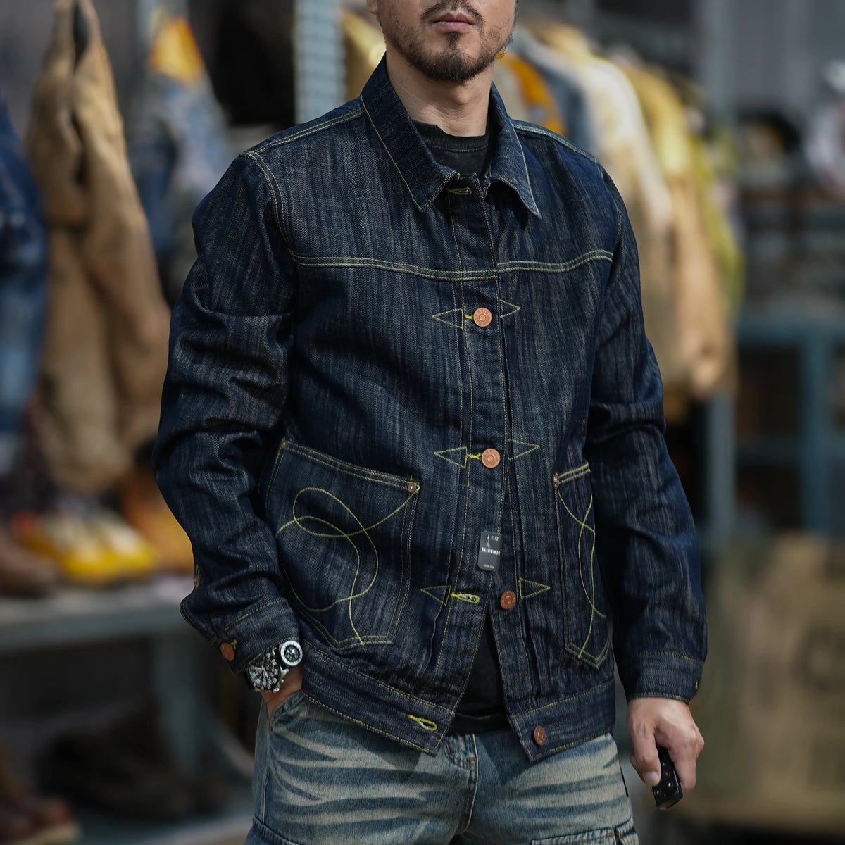 16 oz unstarched Black wood dyed red earthen denim jacket Heavy weight work shirt for fall and winter