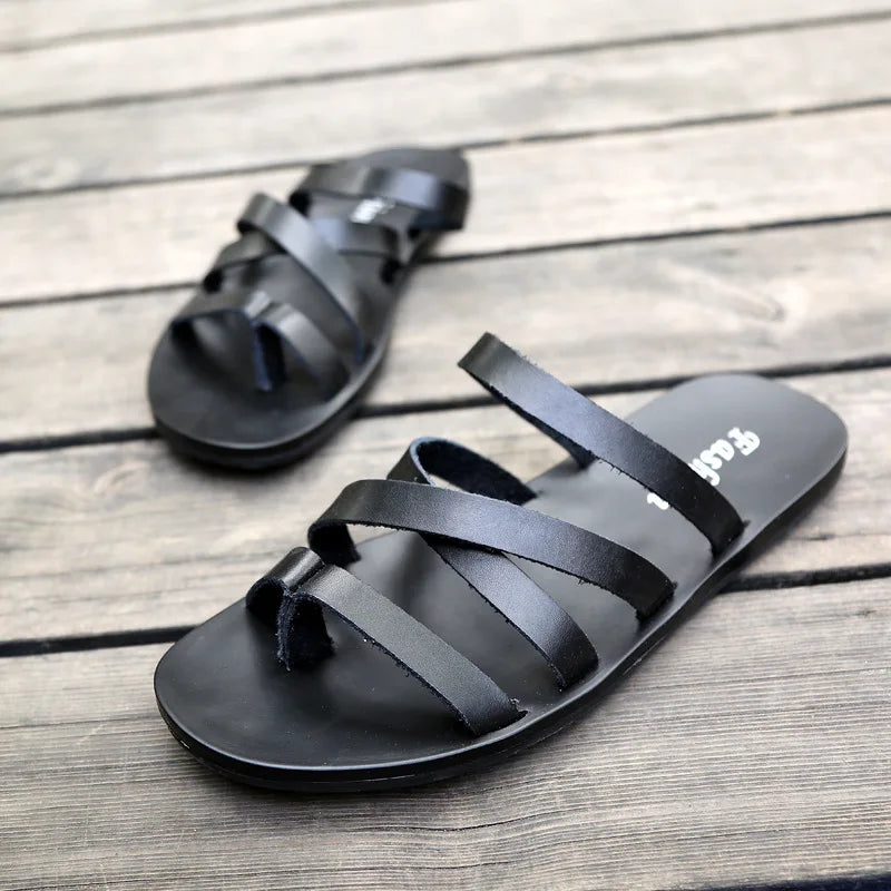 Flat With Beach Fashion Outside Men's Slippers Leisure Concise Genuine Leather Summer Flip Flops Sewing Solid Men Shoes