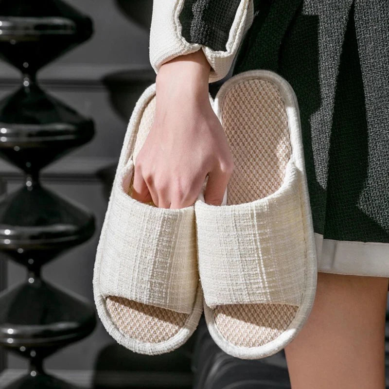 Home Slipper Women Striped Spring Linen Couples Indoor House Non Slip Funny Sandals Cartoon Shoe Male Soft Flat Flax Comfortable