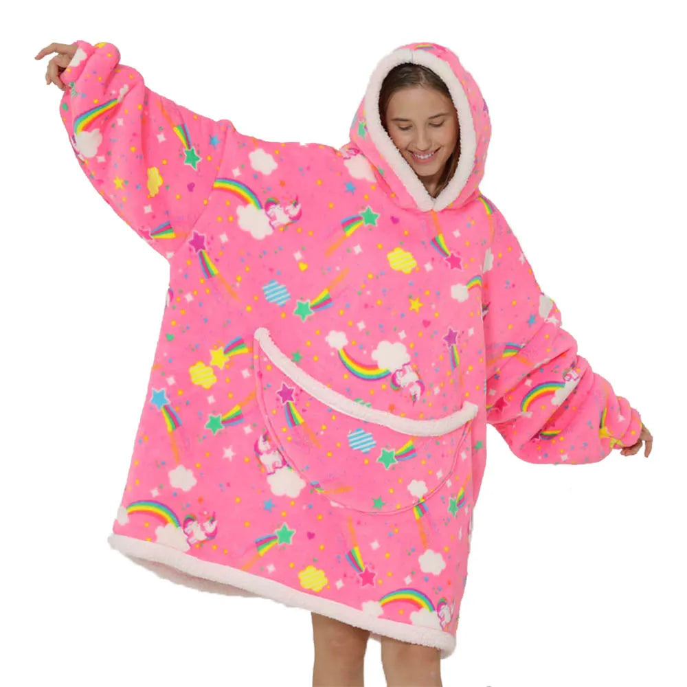 2024 Cartoon Oversized Hoodie Blanket with Sleeves Winter Warm Fleece Sweatshirt Cow Hoodies Women Men Korean Funny Print Hoodie