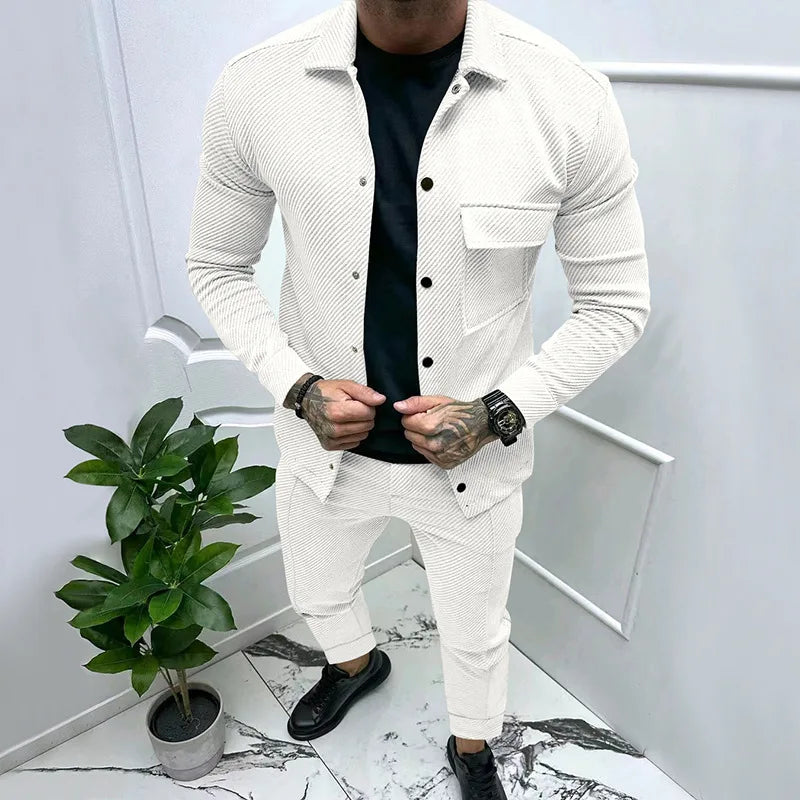 New Mens Casual Suit Heavy Twill Jacket New Solid Color Jacquard Two-piece Set for Men