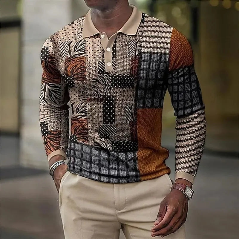 Men's Plaid Vintage Long Sleeve Polo Shirt Lapel Sports Leisure Outdoor Office Daily Wear Button Spring Autumn Winter