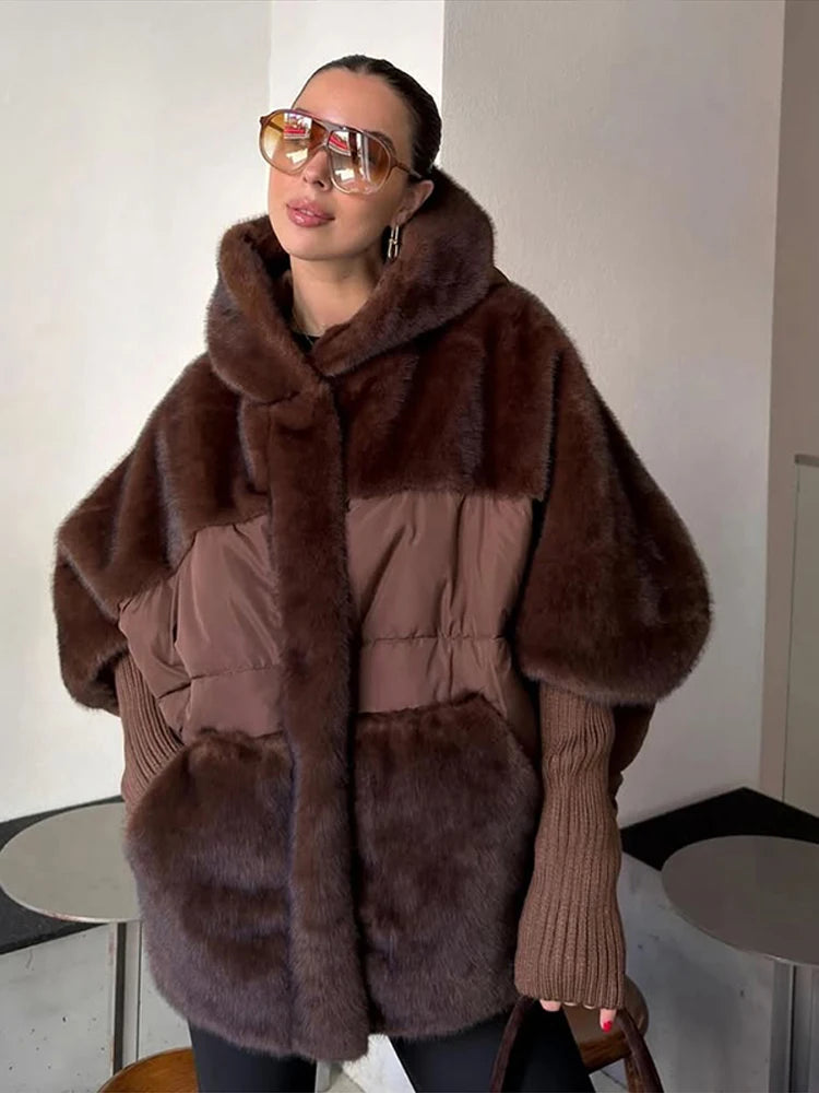 Women Fashion Hooded Patchwork Faux Fur Coat Knitted Sleeve Drop Shoulder Oversize Cotton Coats Autumn Winter 2025 Street Jacket