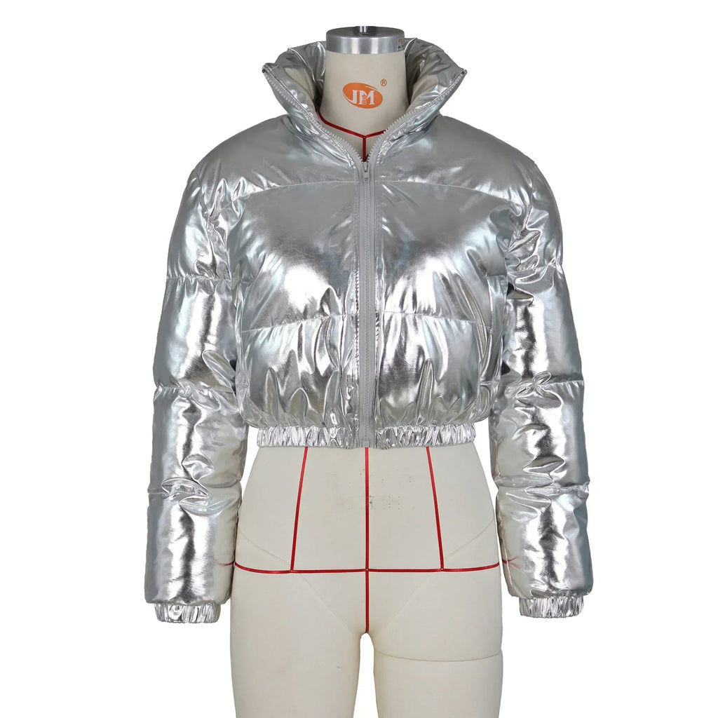 ANJAMANOR Silver Glossy Puffer Jacket Zip Up Shiny Bubble Coat Streetwear Women Clothing Winter Baddie Clothes D48-FH59