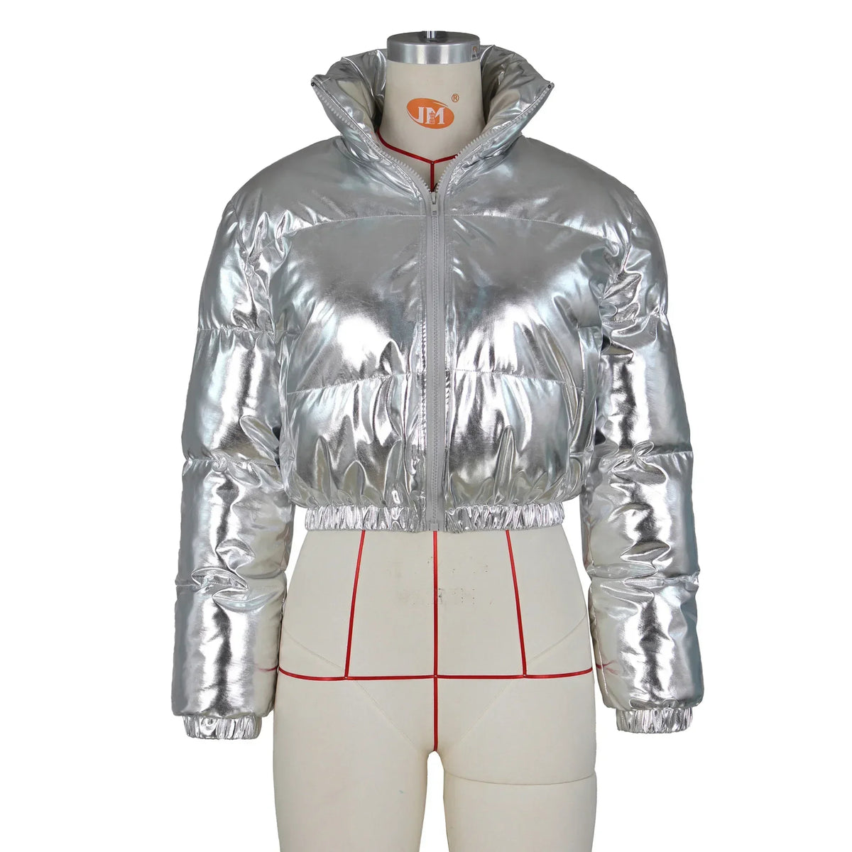 ANJAMANOR Silver Glossy Puffer Jacket Zip Up Shiny Bubble Coat Streetwear Women Clothing Winter Baddie Clothes D48-FH59