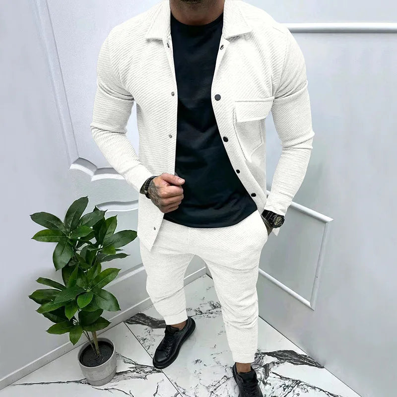 New Mens Casual Suit Heavy Twill Jacket New Solid Color Jacquard Two-piece Set for Men