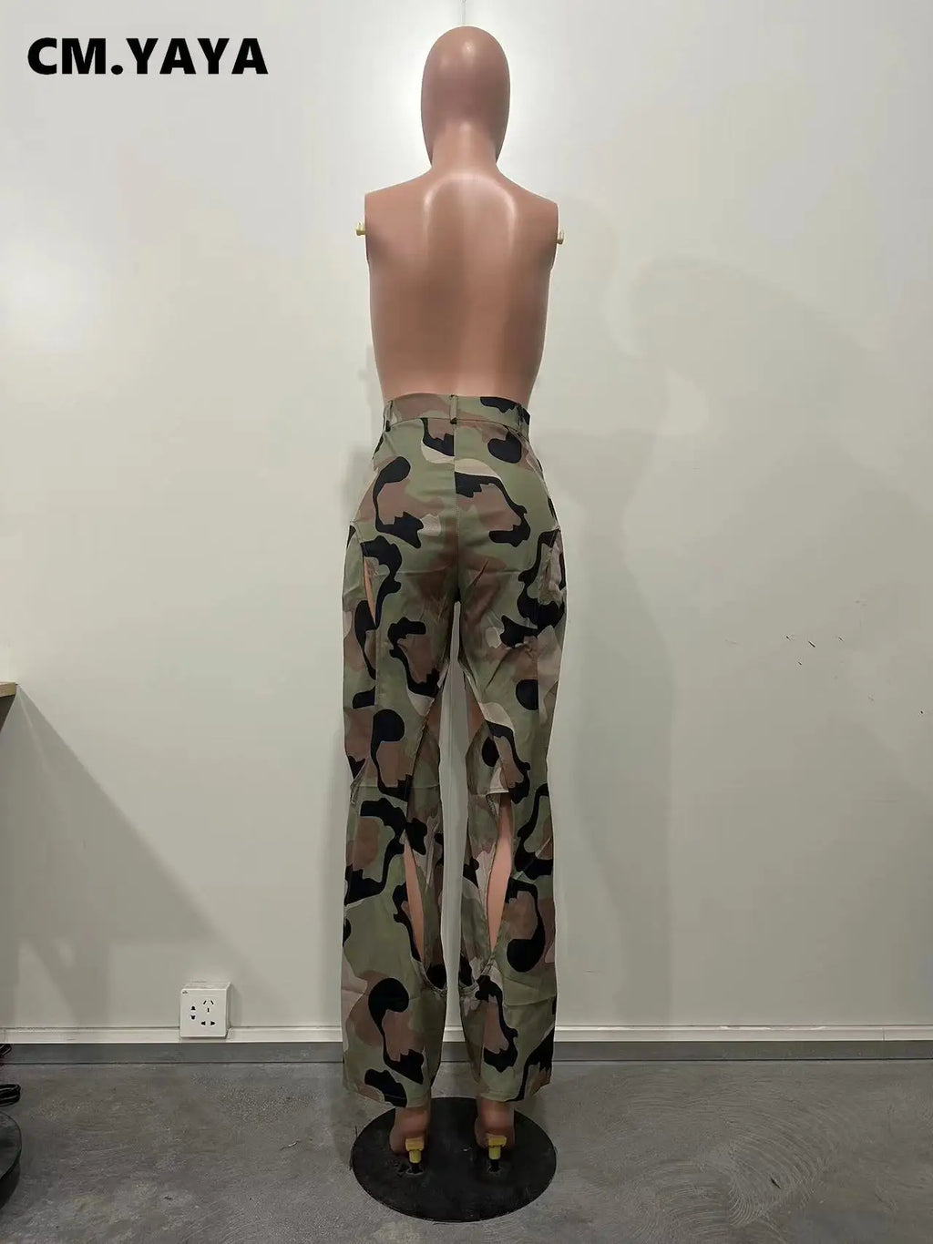 CM.YAYA Fashion women camouflage cutout cross criss straight cargo pants 2023 autumn winter safari style trousers