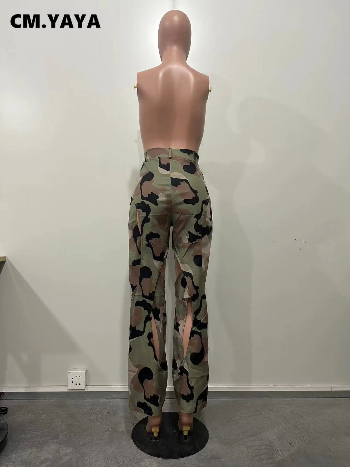 CM.YAYA Fashion women camouflage cutout cross criss straight cargo pants 2023 autumn winter safari style trousers