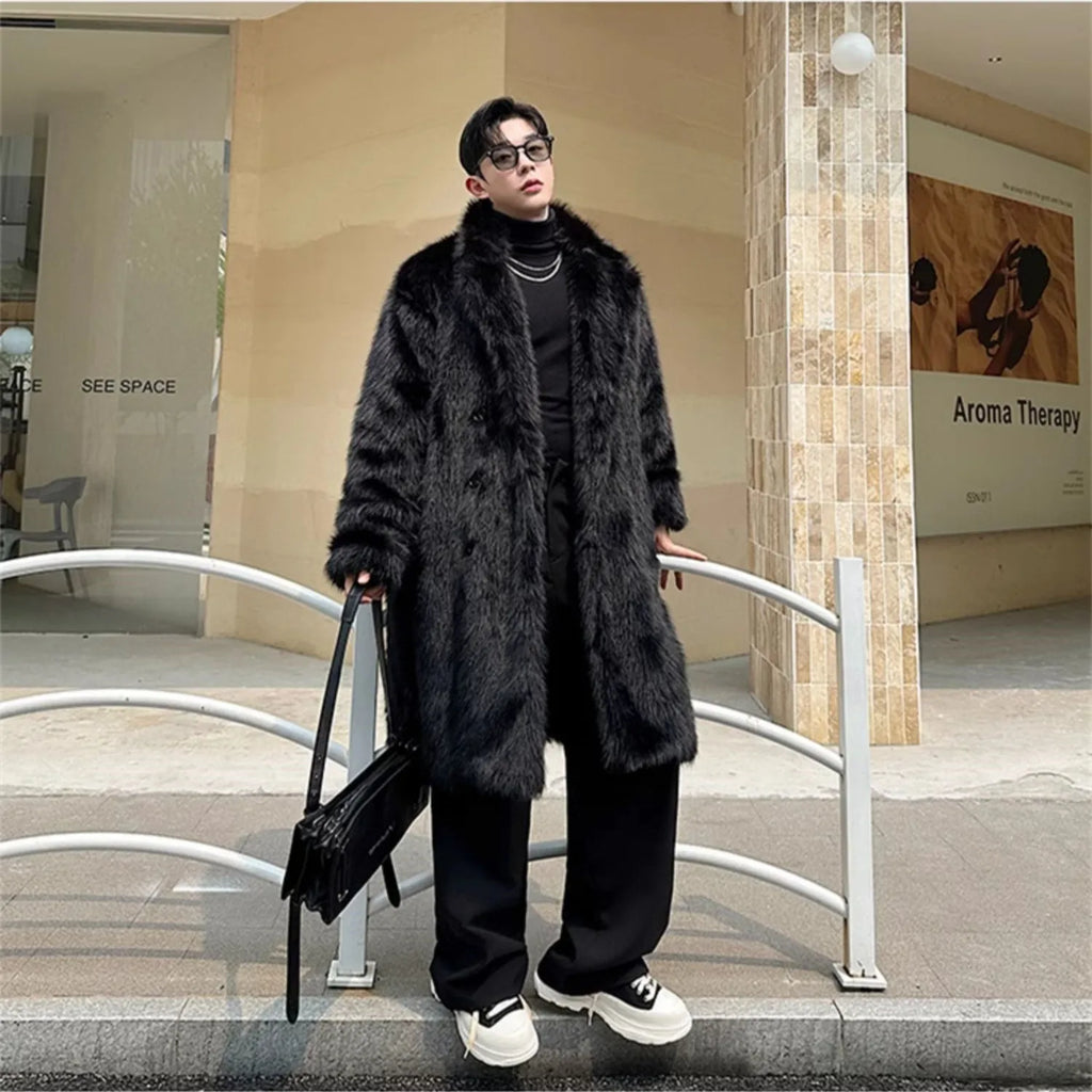Black Faux Fur Long Coat Man Fashion Winter Thickened Warmer Fluffy Long Cotton-padded Jacket Overcoat