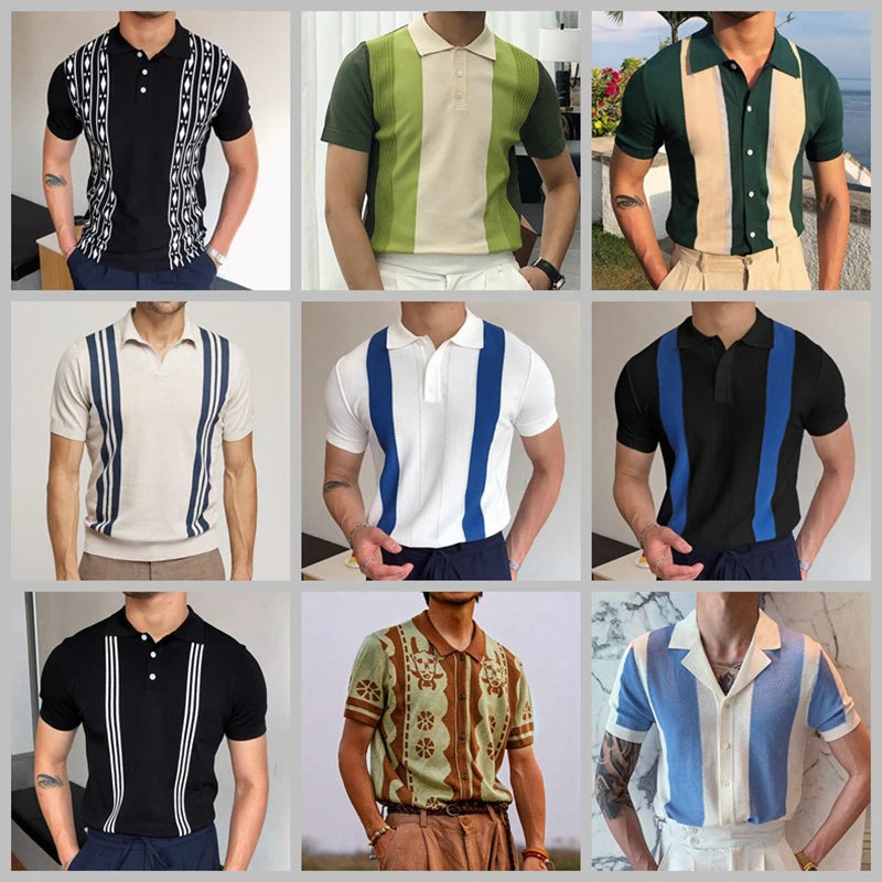 Summer 2025 Men's Luxury Clothing Knit Short Sleeve Polo Shirt Casual Streetwear Lapel Button Down Cardigan Breathable Tops