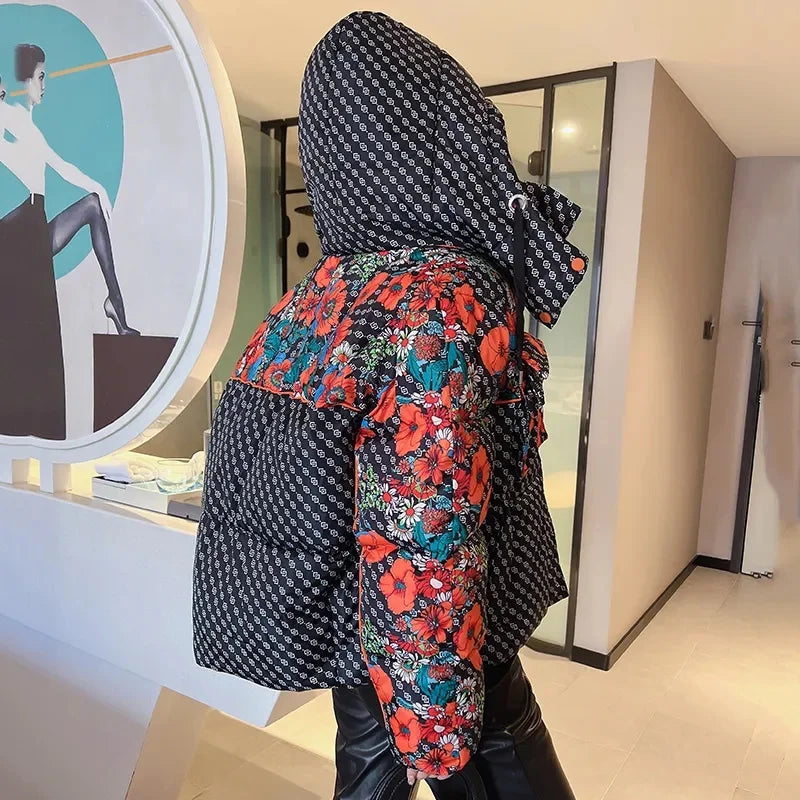 New Down Cotton-Padded Jacket Printed Hooded Thickened Loose Warm Padded Jacket Female Winter Flower Cotton-Padded Jacket