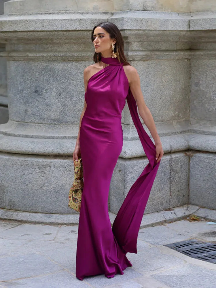 Women Backless Off Shoulder Bodycon Long Dress Sexy Satin Ribbon Sleeveless Female Robes 2024 New Summer Elegant Lady Party Gown