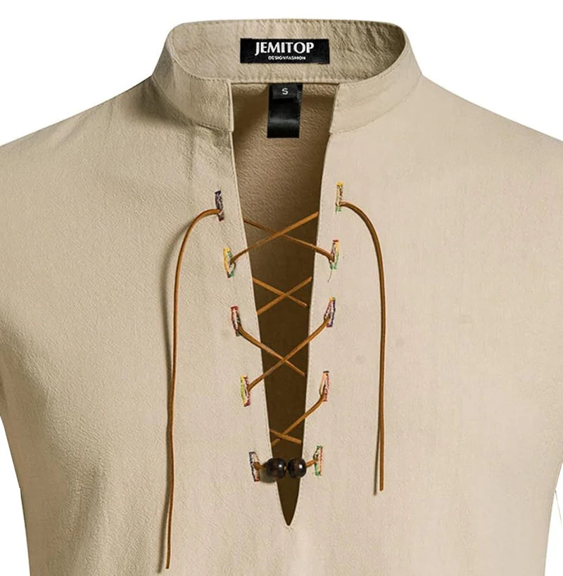 Summer Shirt Cotton Linen Sleeveless Men's Retro Casual Tanks Tops Lace Up Mandarin Collar Renaissance Vikings Pirate Costume