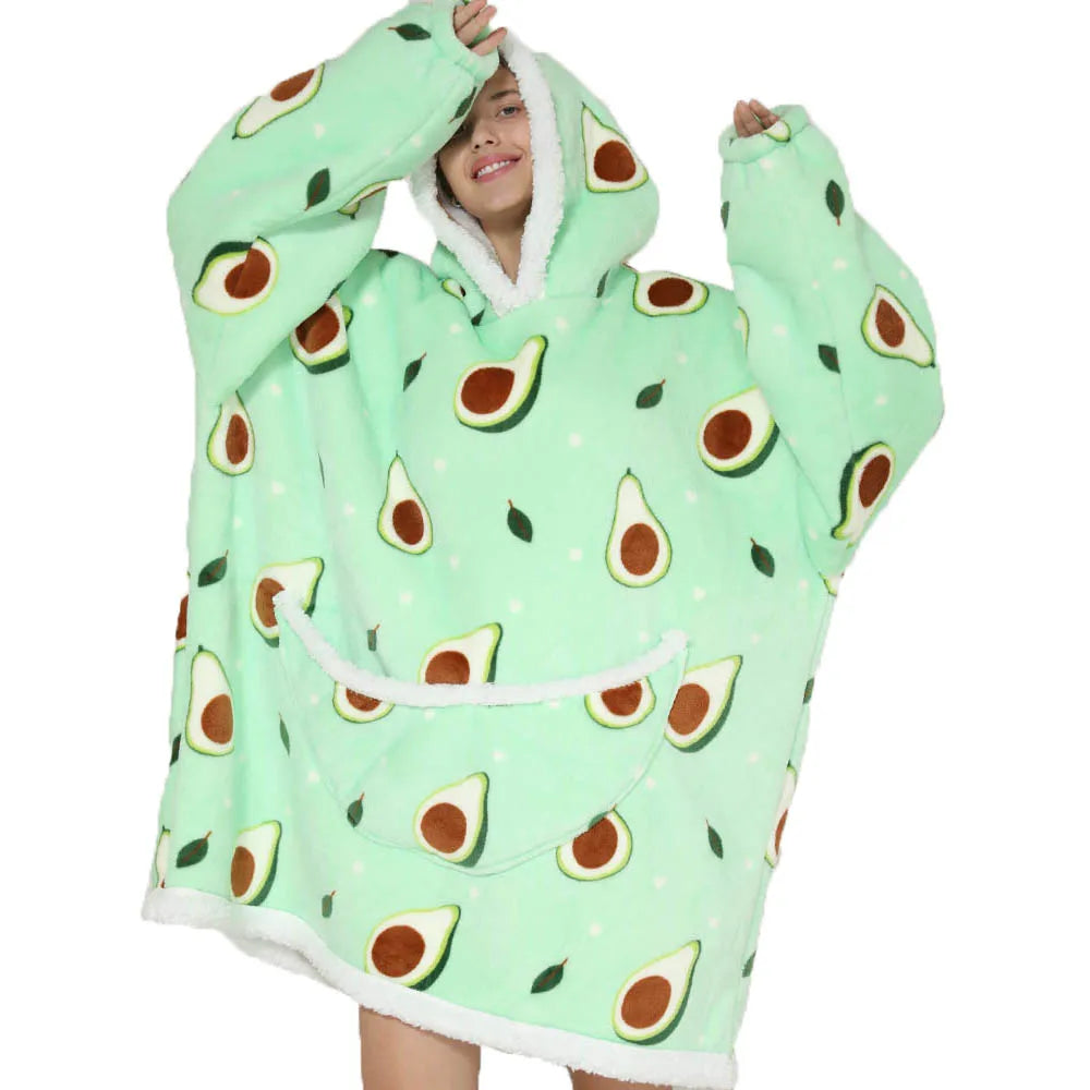 2024 Cartoon Oversized Hoodie Blanket with Sleeves Winter Warm Fleece Sweatshirt Cow Hoodies Women Men Korean Funny Print Hoodie