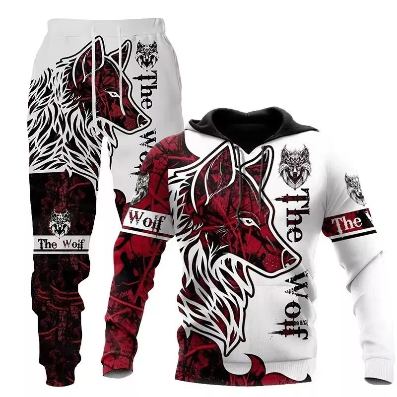 Men Hoodie Pant Sets Vintage 3d Animal Wolf Viking Print Sets Men Women Fashion Hoodie+Pant 2 Piece Suit Sports Tracksuit Outfit