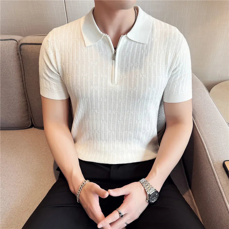 Mens Knitted Stripe Polo Shirt Short Sleeve 2026 Summer New Solid Casual Breathable Soft Light Thin Casual T Shirt Men Clothing