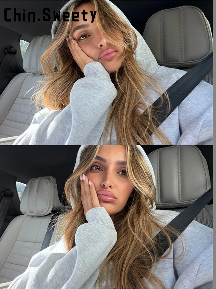 Casual Sequined Angel Wings Oversize Hoodie Women Loose Grey Long Sleeve Street Warm Pullover 2026 Autumn Lady Daily Wear New