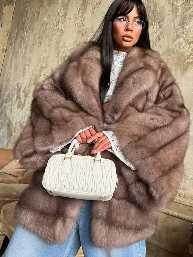 Women Solid Faux Fur Coat Elegant Lapel Collar Long Flare Sleeve Loose Jackets New Winter Warm Female Chic High Street Outerwear
