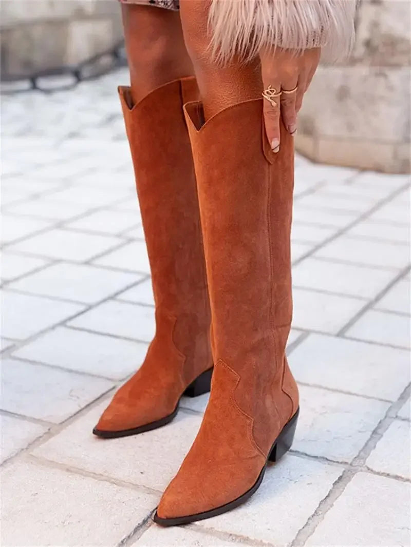 2023 Winter Women's Boots Wedge Heels Knee High Boots Fashion Western Pointed Toe Shoes Slip on Cowgirl Tall Boots Botas Mujer
