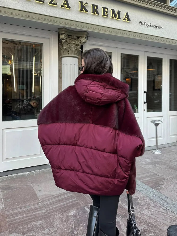 Women Fashion Hooded Patchwork Faux Fur Coat Knitted Sleeve Drop Shoulder Oversize Cotton Coats Autumn Winter 2025 Street Jacket