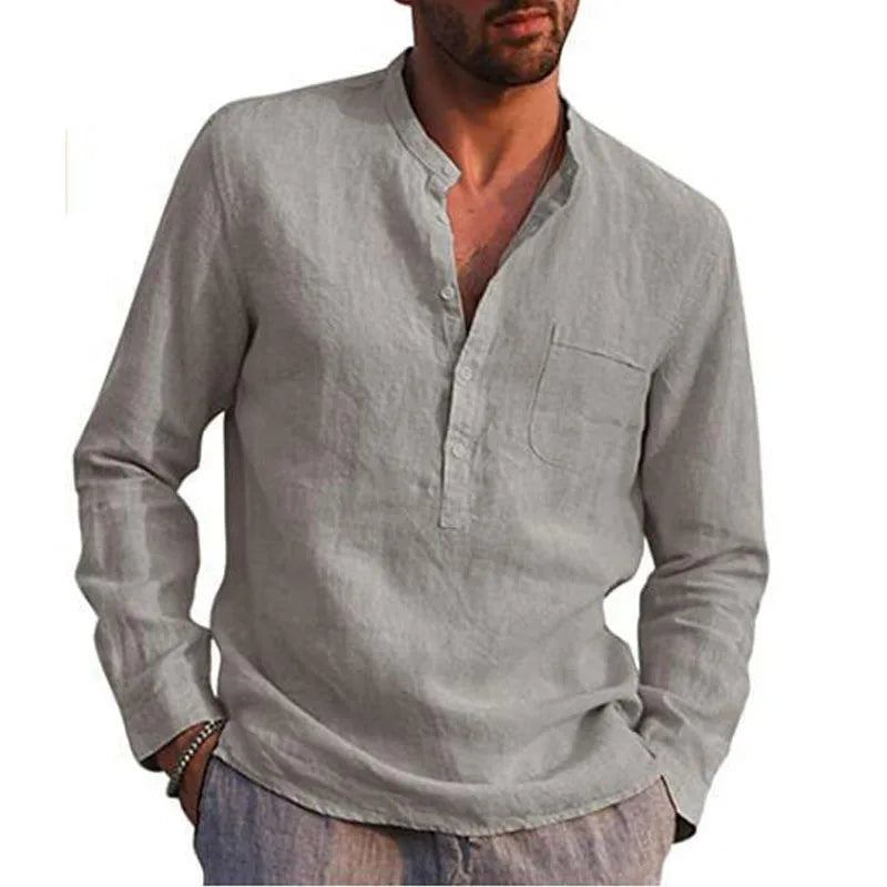 Casual Cotton Shirt Long Sleeves Crew Neck Men's Summer Simple Plain Blouse Button Down Tops Plus Size