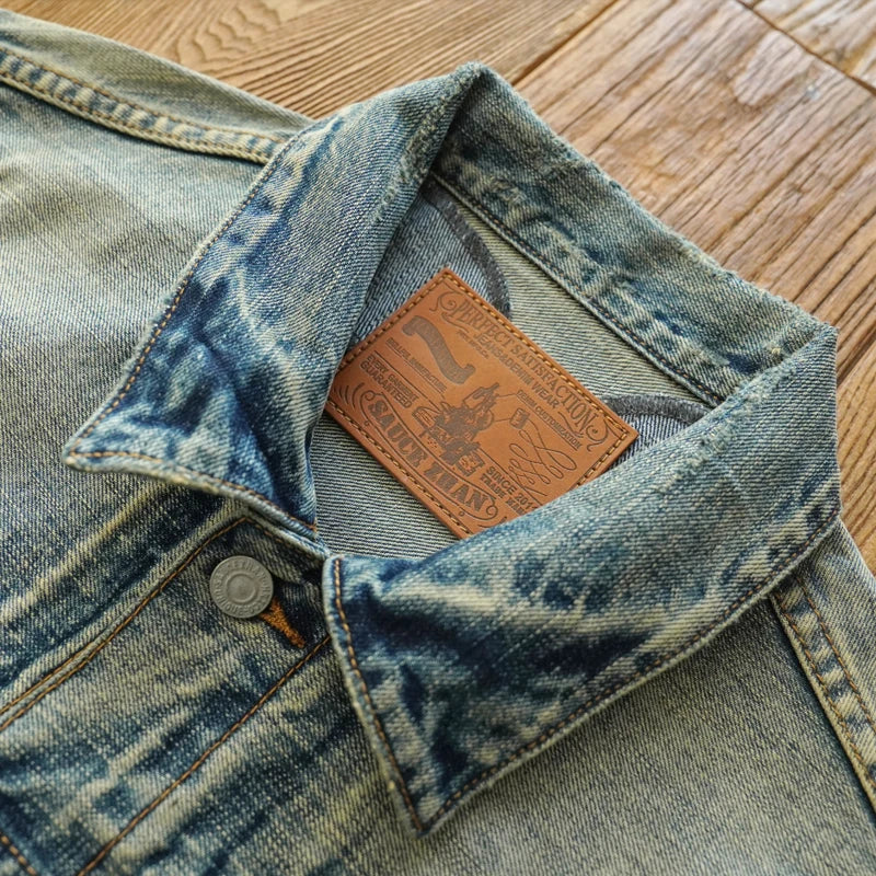 Sauce Zhan Mens Denim Jacket Destroy Wash Distressed Selvedge Ripped Jean Jacket Men 14.5 Oz Loose Fit
