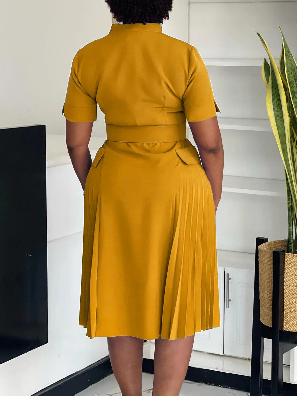 Elegant V-neck Solid Color Plus Size Pleated High-Waisted Dress for Women Fashionable 2025 A-Line Midi Dress