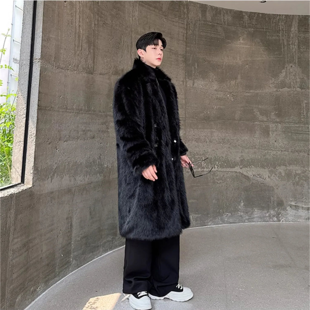 Black Faux Fur Long Coat Man Fashion Winter Thickened Warmer Fluffy Long Cotton-padded Jacket Overcoat KX126
