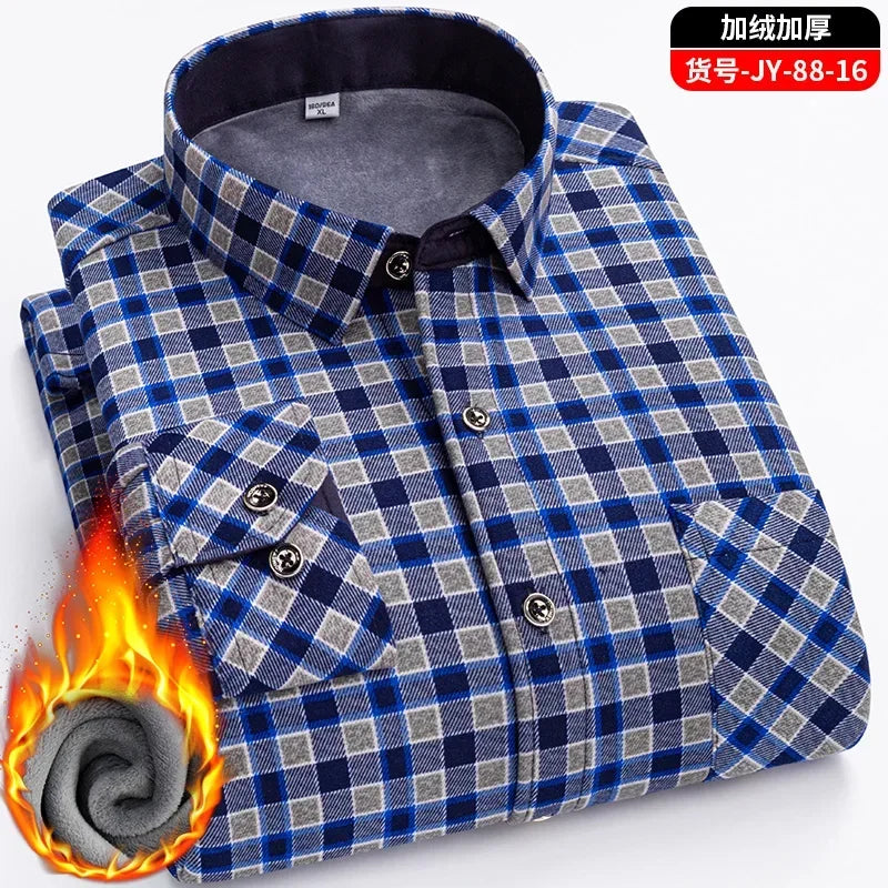 2025 New in Fleece Lining Men's Double-sided Velvet Autumn Winter Plaid  Long-sleeved Shirt Winter Middle-aged and Elderly Shirt