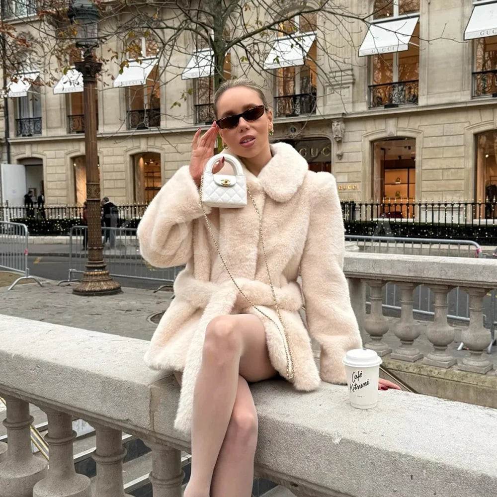 KONDALA 2025 Fall Winter Faux Fur Women Streetwear Coats Fashion Elegant Sashes Turndown Collar Chic Ladies Solid Coats