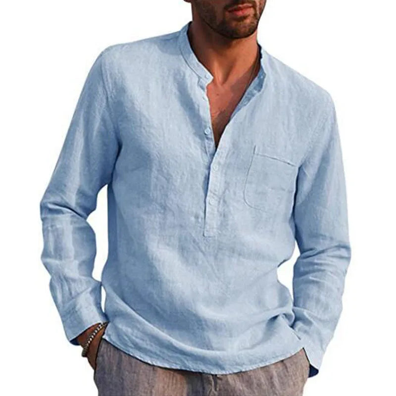 Casual Cotton Shirt Long Sleeves Crew Neck Men's Summer Simple Plain Blouse Button Down Tops Plus Size