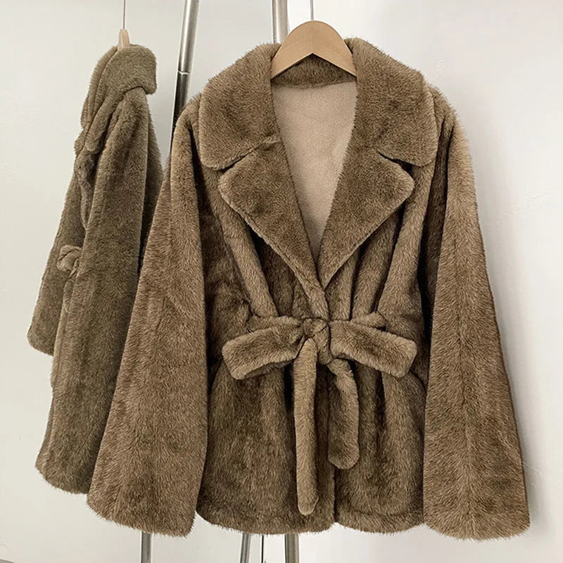 DEAT 2026 Autumn Winter New Faux Fox Fur Batwing Sleeve Coat For Women High-end Elegant Lace-up Waist Jacket Female 11A05803