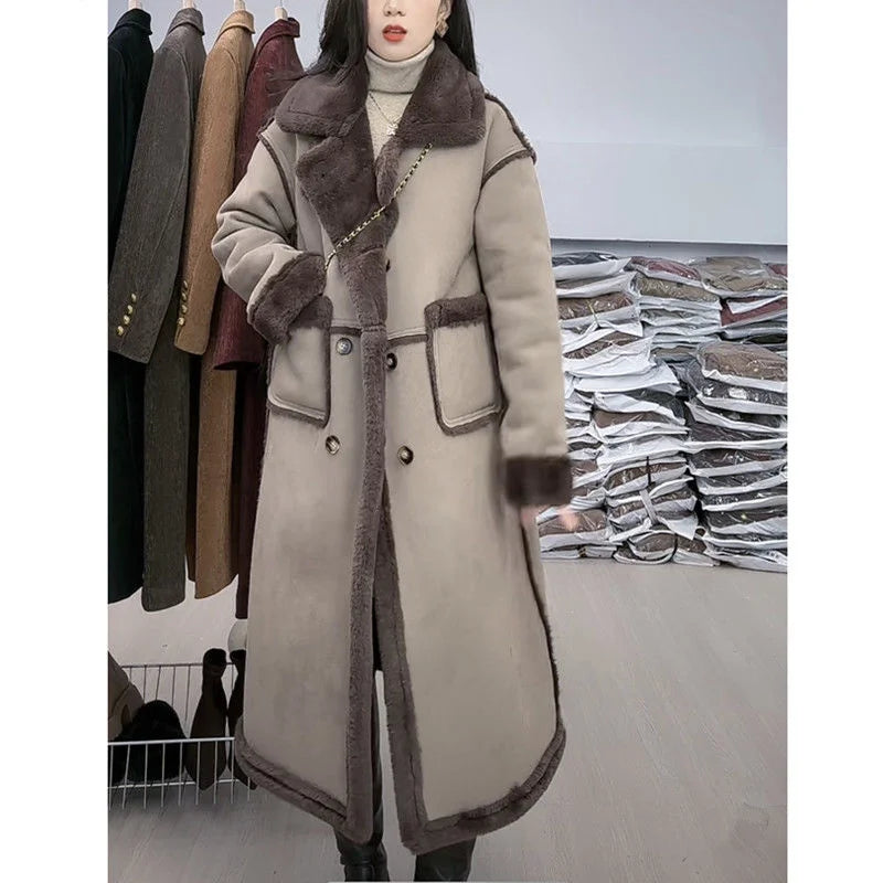 Faux Fur Coat For Women's Winter 2025 New Suede Lamb Fur Loose And Slimming Thicken Long fur Jacket wool Suede Velvet Coat Gray