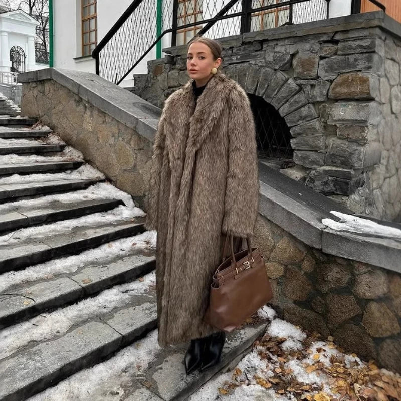 Long Coats Women Faux Fur Streetwear Thick Warm Coat Turn Down Collar Y2k Outerwear Jackets Open Stitch Autumn Winter Spring