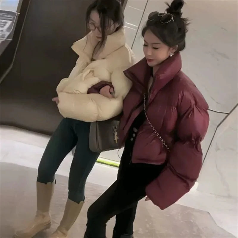 2024 Women Fashion Stand Puffer Jacket Winter Lady Long Sleeves Cotton Padded Outwear Korean Female Short Down Cotton Tops Coat
