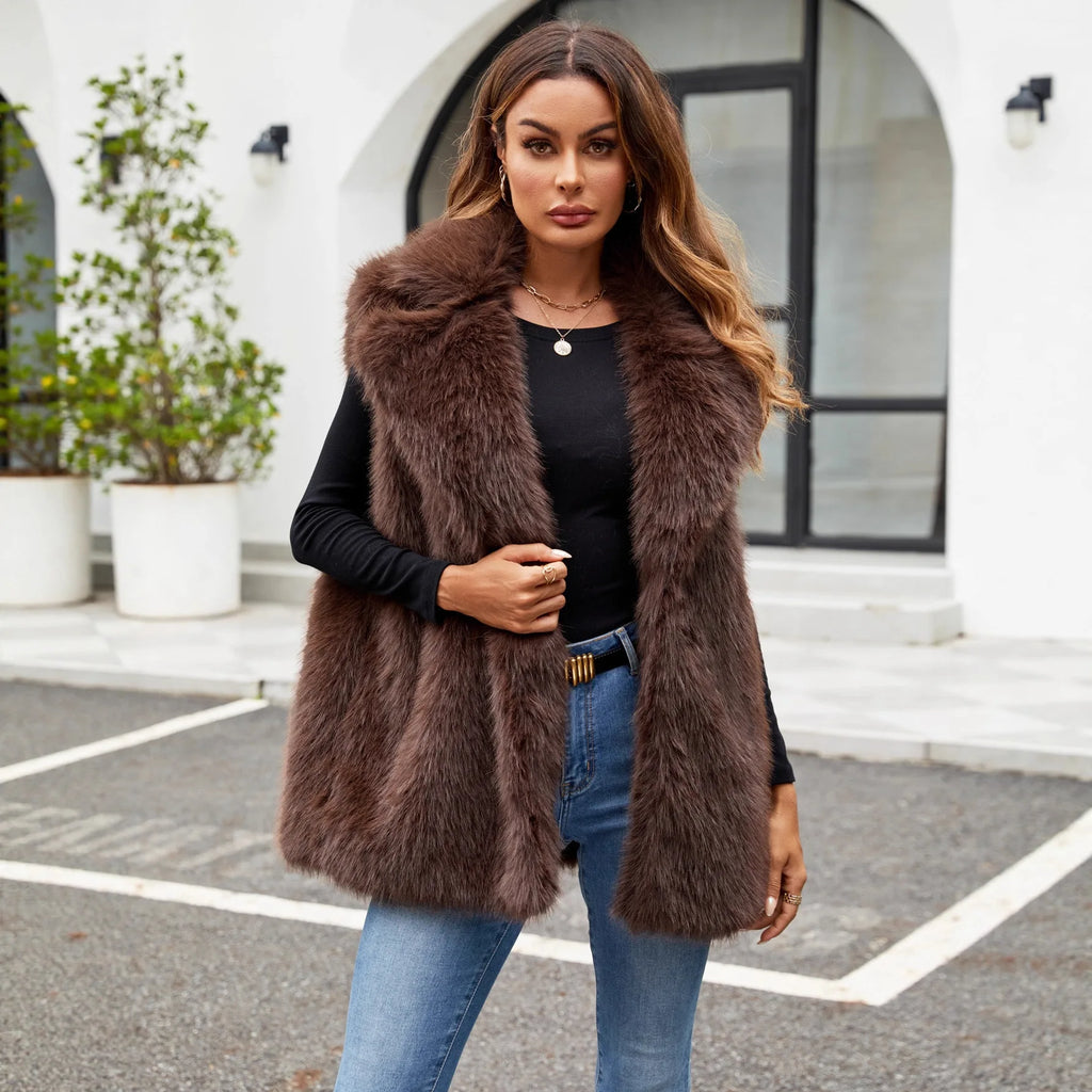 Faux Fox Fur Vest Coats Women Solid Fur Jackets Turn Down Collar Sleeveless Open Stitch Thick Warm Fur Casual 2025 Autumn Winter