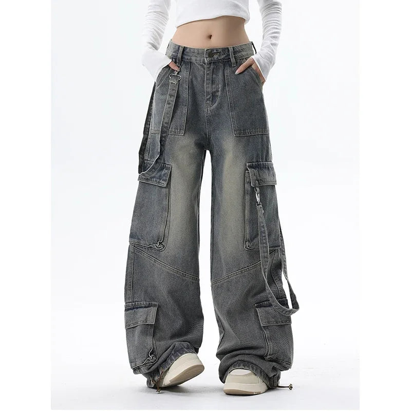 Women Blue Jeans Cargo Pants Streetwear High Waist Wide Leg Pants Fashion Y2K Style Female Winter Straight Trousers