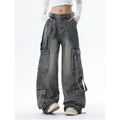 Women Blue Jeans Cargo Pants Streetwear High Waist Wide Leg Pants Fashion Y2K Style Female Winter Straight Trousers